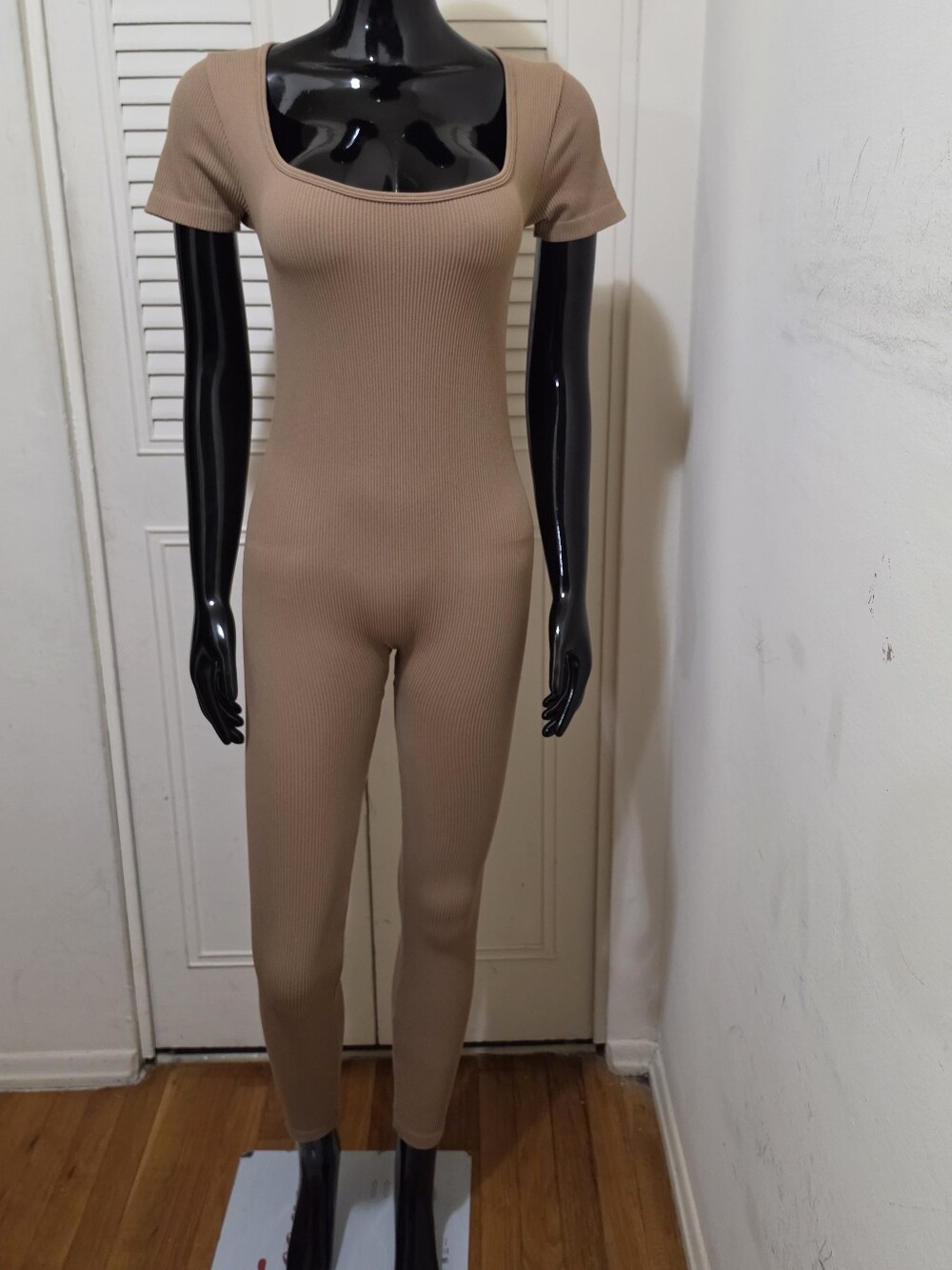 Square-Neck Ribbed Short-Sleeve Jumpsuit in Taupe